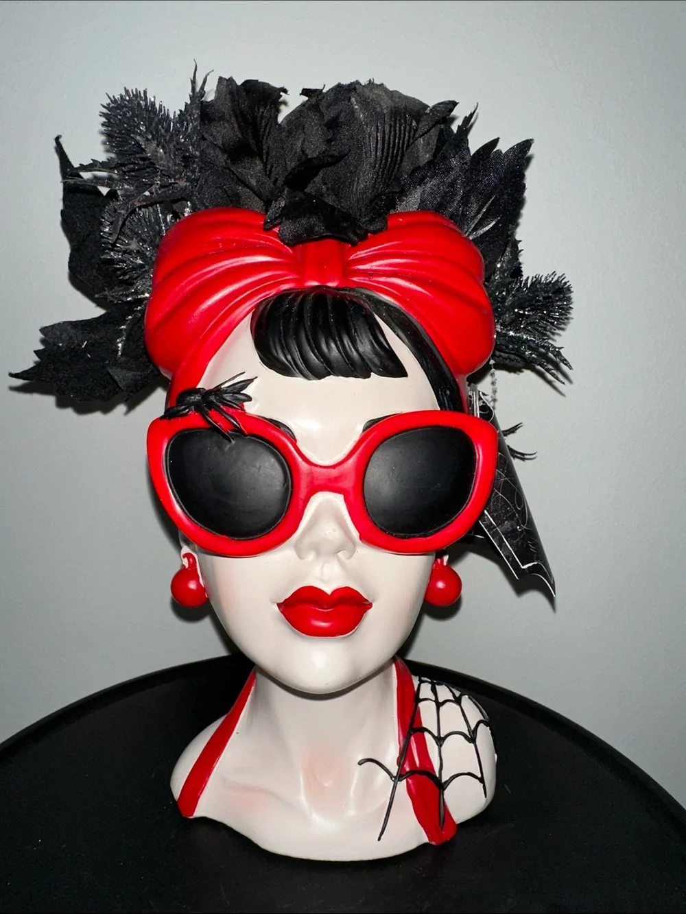 Halloween lady flower bust-Red & Black Fashion Head Vase with Sunglasses